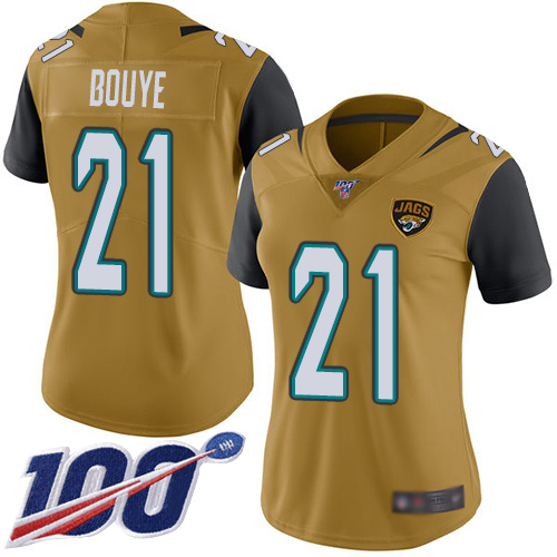 Nike Jacksonville Jaguars 21 A.J. Bouye Gold Women Stitched NFL Limited Rush 100th Season Jersey